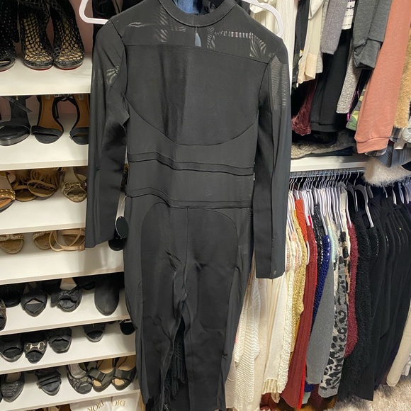Black Mock Neck Sheer Mesh Long Sleeve Jumpsuit, HMS, Size Large. - Picture 6 of 12
